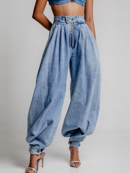 Effortless Blue High Waisted Balloon Jeans for Women with Pleated Front Zip Wide Leg Relaxed Style