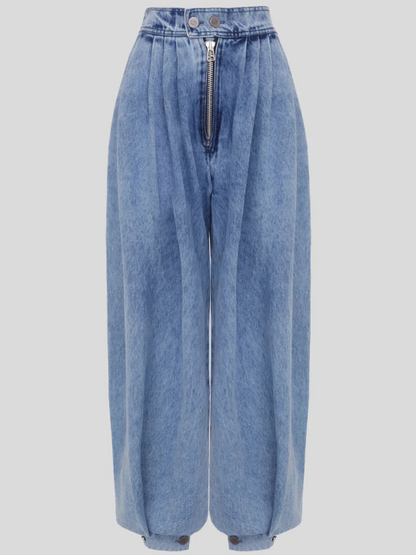 Effortless Blue High Waisted Balloon Jeans for Women with Pleated Front Zip Wide Leg Relaxed Style