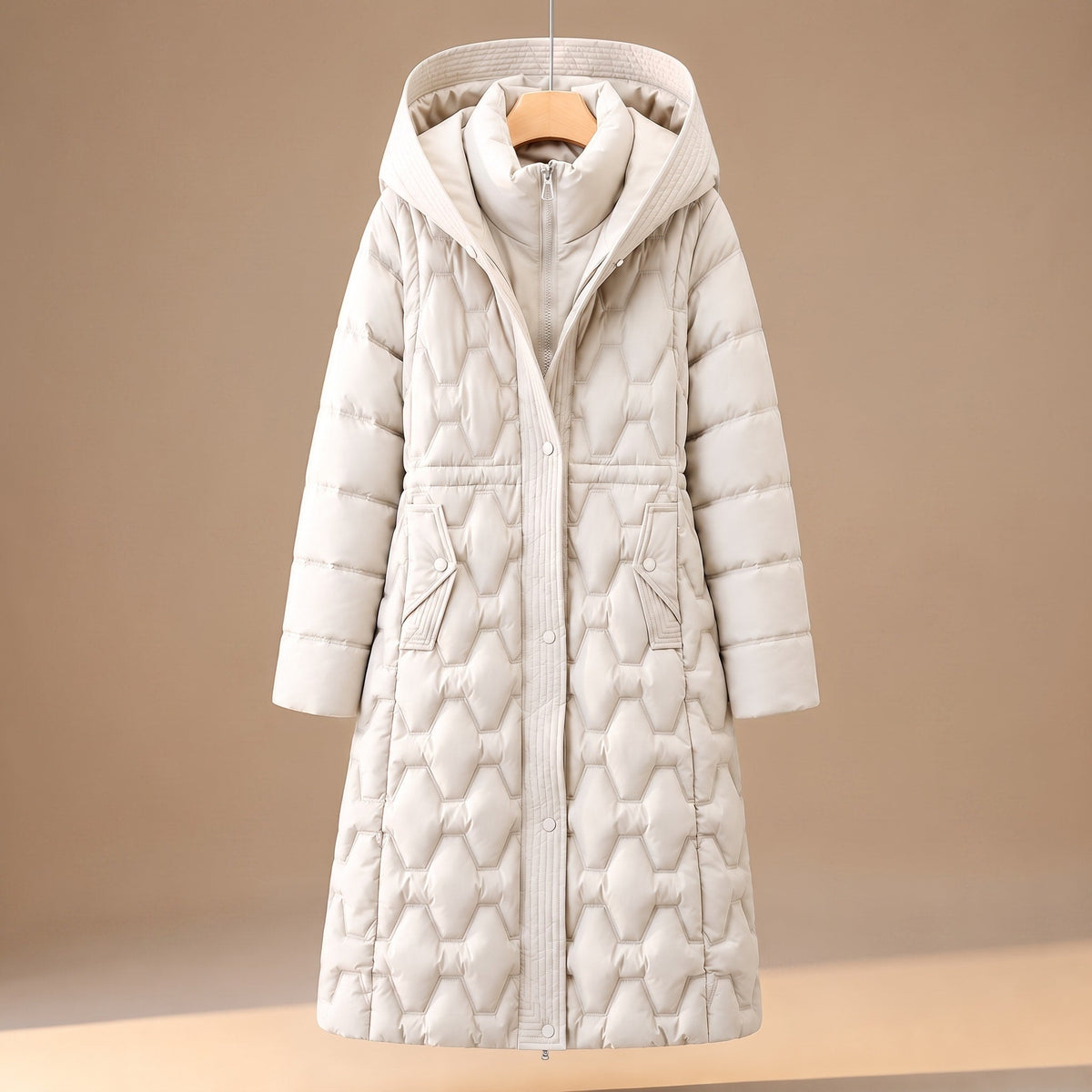 Cozy Longline Puffer Jacket for Women with Hooded Collar Long Sleeve Quilted Maxi Padded Style
