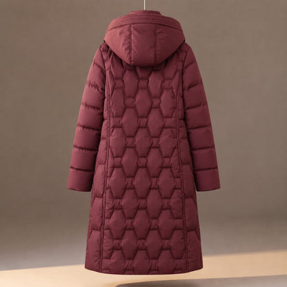 Cozy Longline Puffer Jacket for Women with Hooded Collar Long Sleeve Quilted Maxi Padded Style