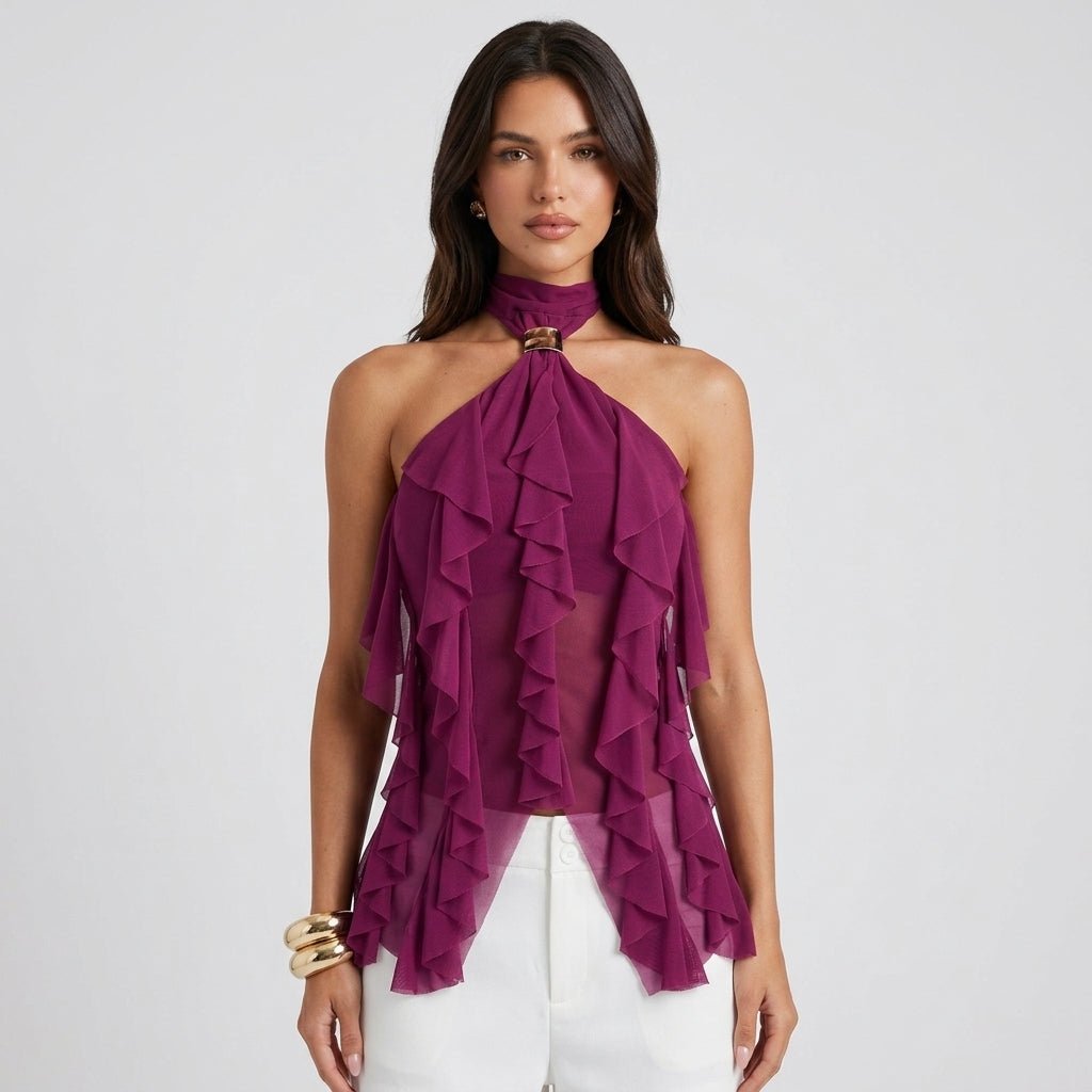 Elegant Ruffle Chiffon Halter Top for Women with High Neck Sleeveless Ring Detail Flowing Style