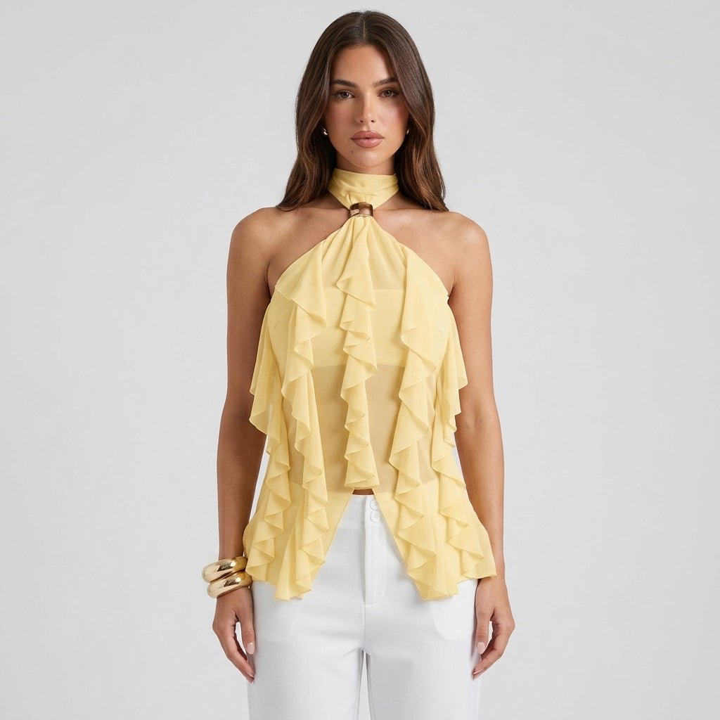 Elegant Ruffle Chiffon Halter Top for Women with High Neck Sleeveless Ring Detail Flowing Style