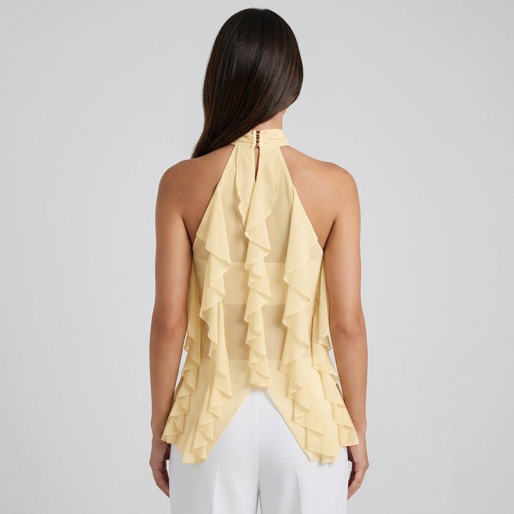 Elegant Ruffle Chiffon Halter Top for Women with High Neck Sleeveless Ring Detail Flowing Style