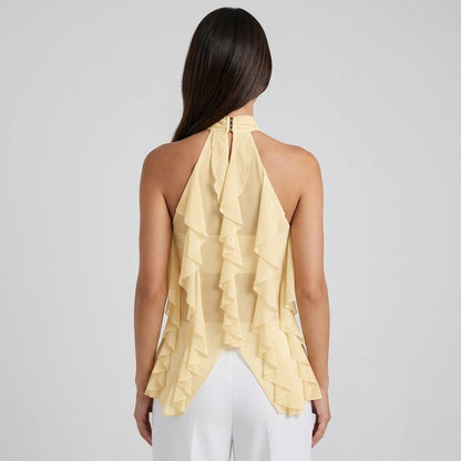 Elegant Ruffle Chiffon Halter Top for Women with High Neck Sleeveless Ring Detail Flowing Style