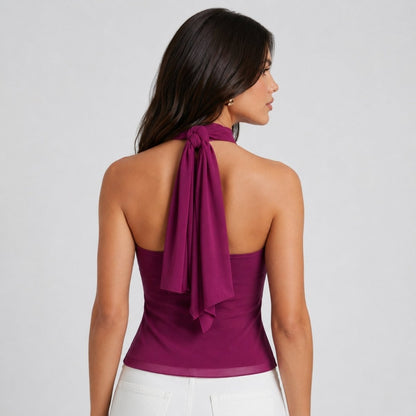 Elegant Ruffle Chiffon Halter Top for Women with High Neck Sleeveless Ring Detail Flowing Style