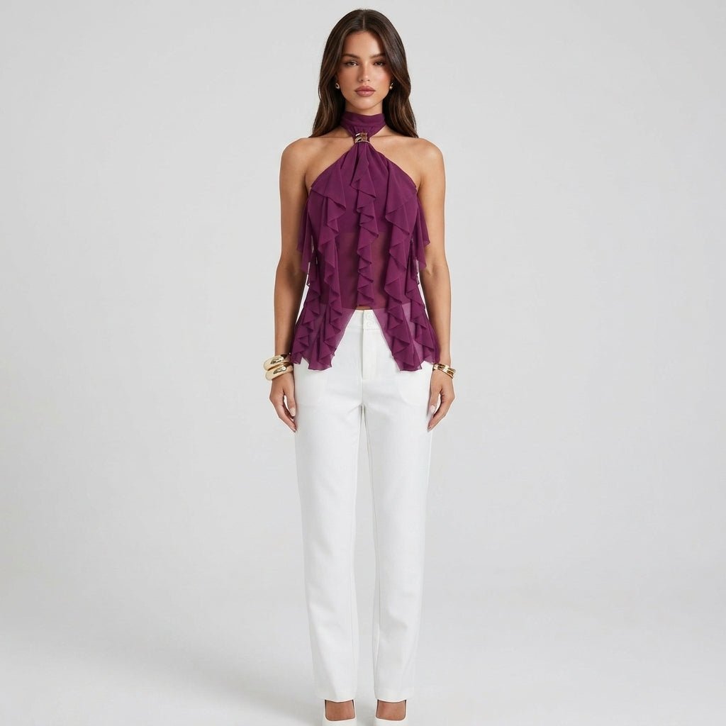 Elegant Ruffle Chiffon Halter Top for Women with High Neck Sleeveless Ring Detail Flowing Style