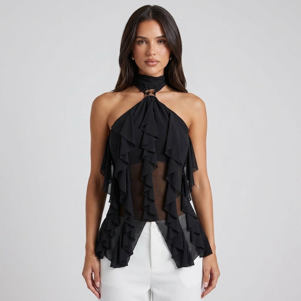 Elegant Ruffle Chiffon Halter Top for Women with High Neck Sleeveless Ring Detail Flowing Style