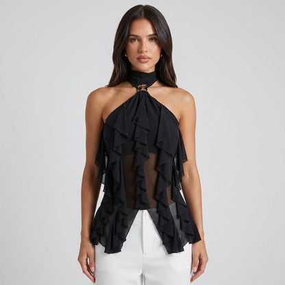 Elegant Ruffle Chiffon Halter Top for Women with High Neck Sleeveless Ring Detail Flowing Style