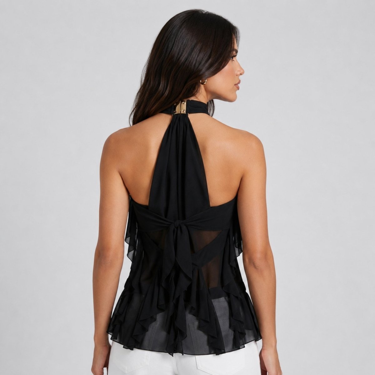 Elegant Ruffle Chiffon Halter Top for Women with High Neck Sleeveless Ring Detail Flowing Style