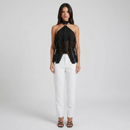 Elegant Ruffle Chiffon Halter Top for Women with High Neck Sleeveless Ring Detail Flowing Style