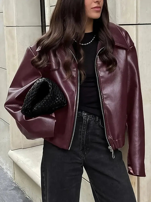 Elegant Faux Leather Jacket for Women with Collar Long Sleeve Oversized Cropped Style
