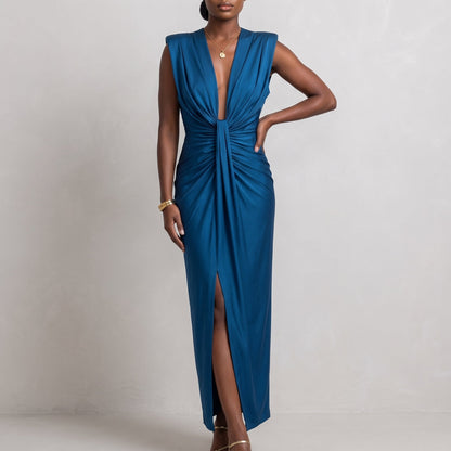 Elegant Ruched Fall Wedding Guest Dress for Women with Plunge V Neck Sleeveless Front Slit Style