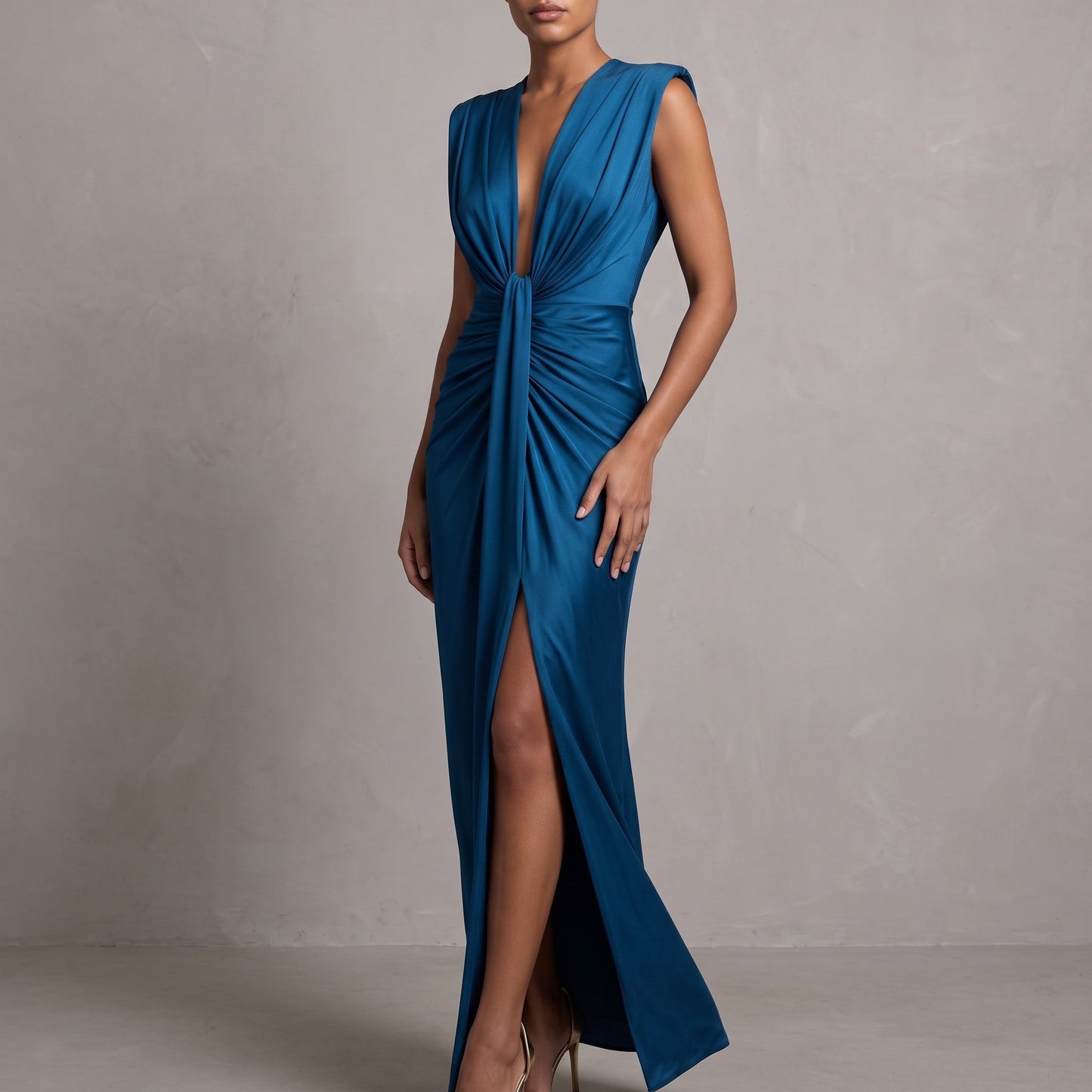 Elegant Ruched Fall Wedding Guest Dress for Women with Plunge V Neck Sleeveless Front Slit Style