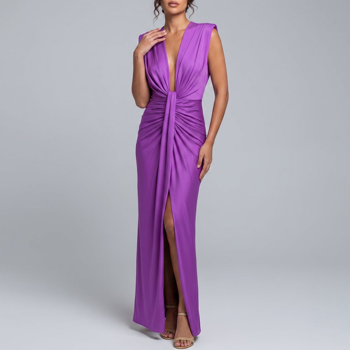 Elegant Ruched Fall Wedding Guest Dress for Women with Plunge V Neck Sleeveless Front Slit Style