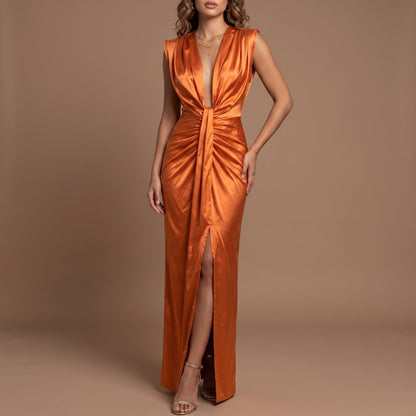Elegant Ruched Fall Wedding Guest Dress for Women with Plunge V Neck Sleeveless Front Slit Style