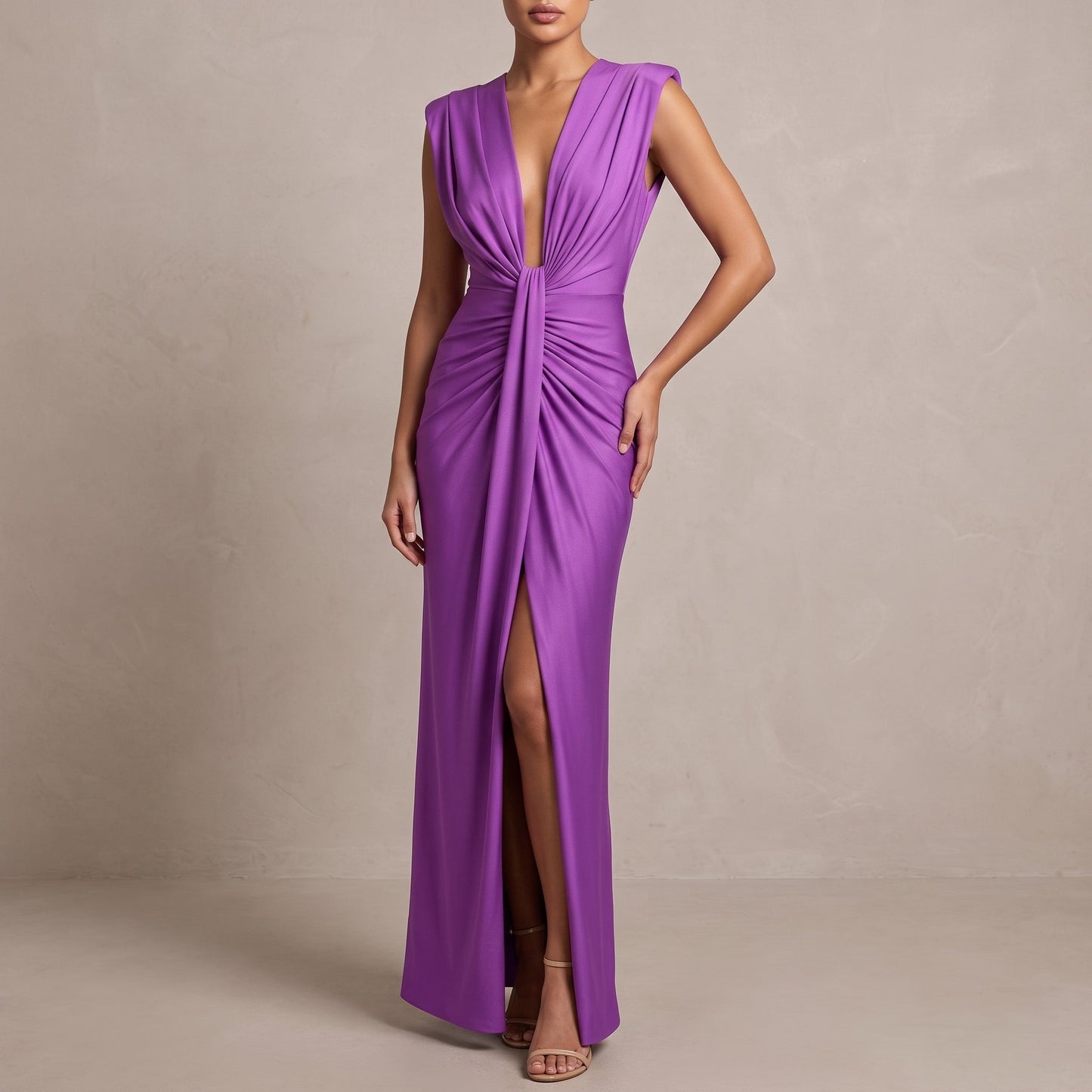 Elegant Ruched Fall Wedding Guest Dress for Women with Plunge V Neck Sleeveless Front Slit Style