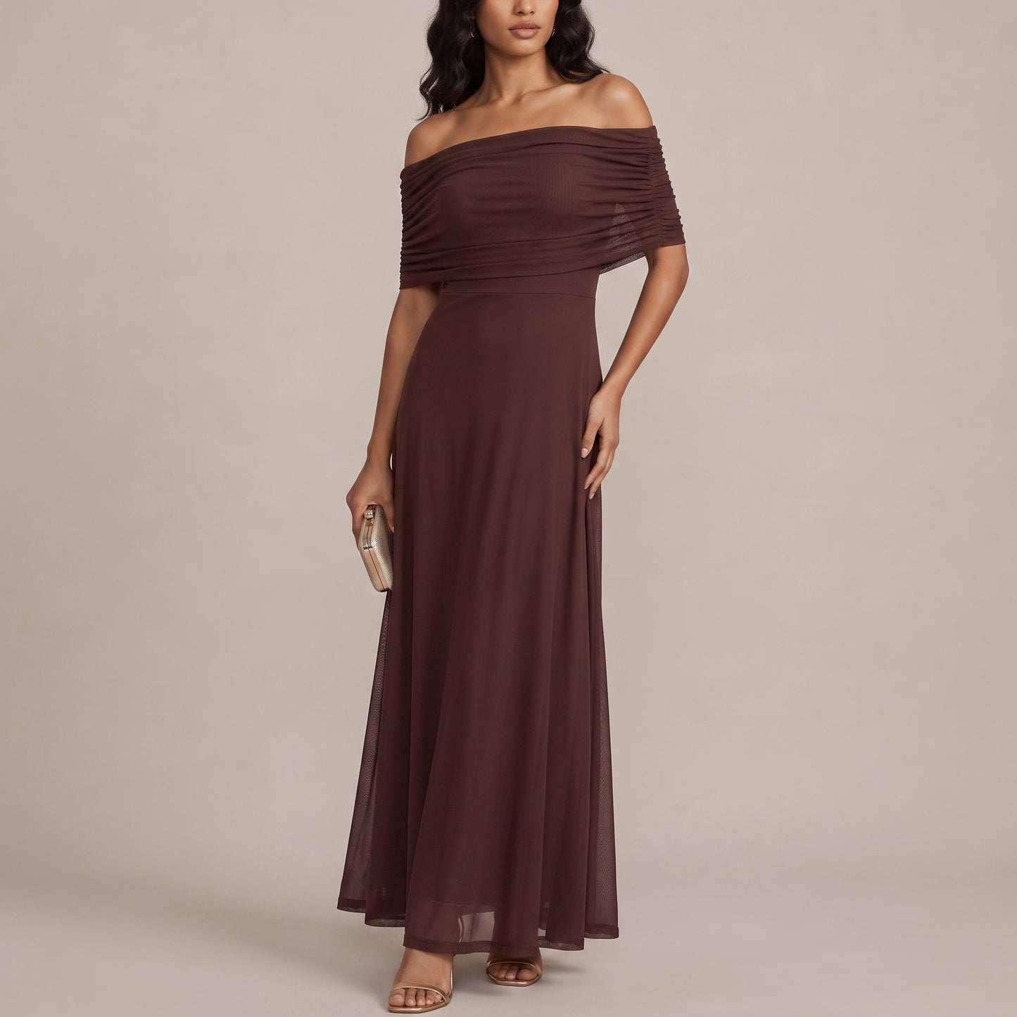 Elegant Off Shoulder Fall Wedding Guest Dress for Women with Ruched Flutter Sleeve Flowing Maxi Style