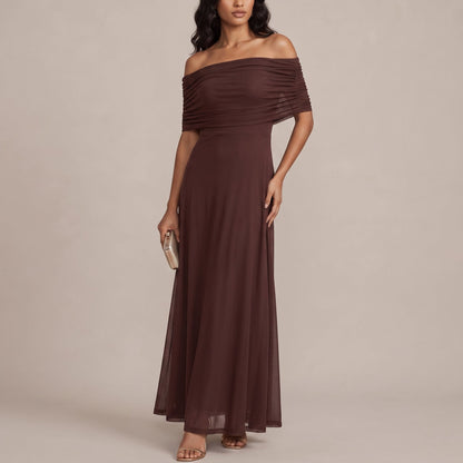 Elegant Off Shoulder Fall Wedding Guest Dress for Women with Ruched Flutter Sleeve Flowing Maxi Style