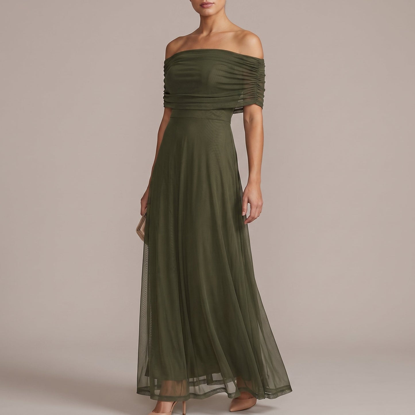 Elegant Off Shoulder Fall Wedding Guest Dress for Women with Ruched Flutter Sleeve Flowing Maxi Style