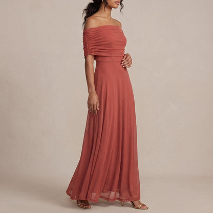 Elegant Off Shoulder Fall Wedding Guest Dress for Women with Ruched Flutter Sleeve Flowing Maxi Style