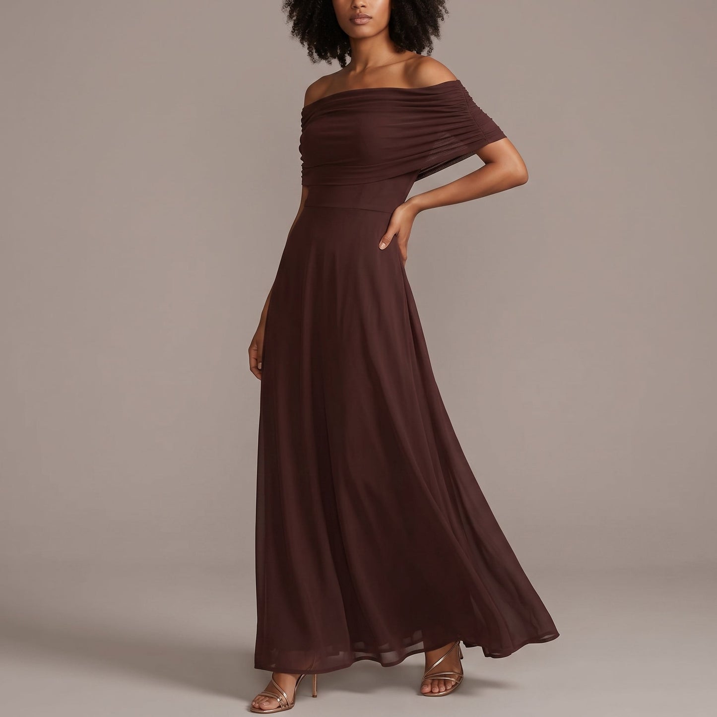 Elegant Off Shoulder Fall Wedding Guest Dress for Women with Ruched Flutter Sleeve Flowing Maxi Style