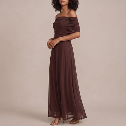 Elegant Off Shoulder Fall Wedding Guest Dress for Women with Ruched Flutter Sleeve Flowing Maxi Style