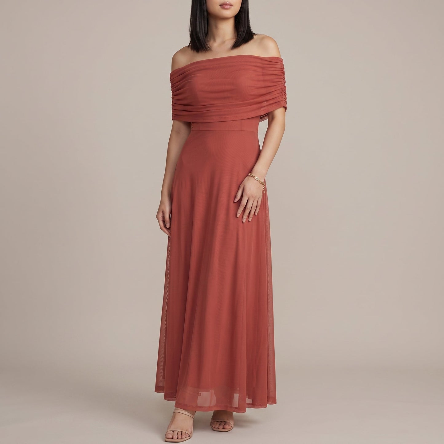 Elegant Off Shoulder Fall Wedding Guest Dress for Women with Ruched Flutter Sleeve Flowing Maxi Style