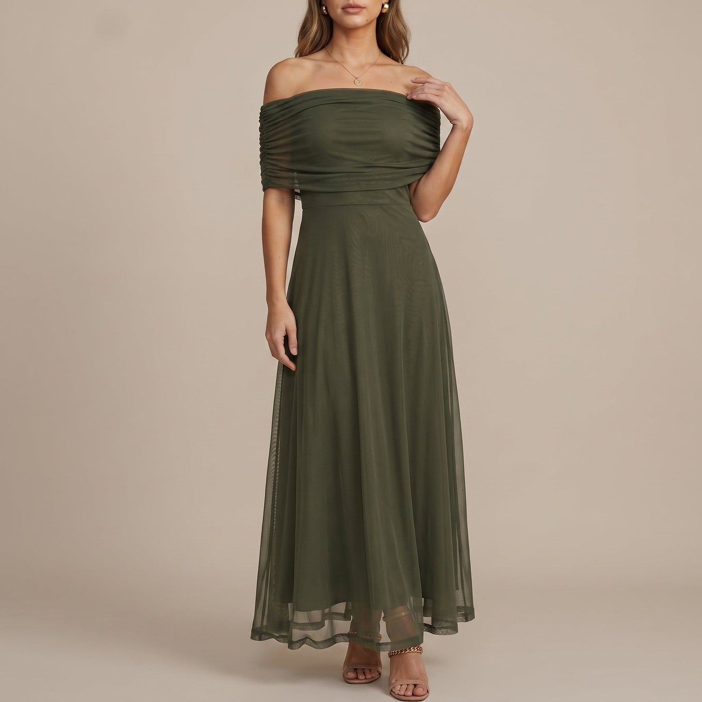 Elegant Off Shoulder Fall Wedding Guest Dress for Women with Ruched Flutter Sleeve Flowing Maxi Style