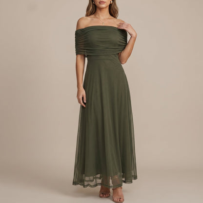 Elegant Off Shoulder Fall Wedding Guest Dress for Women with Ruched Flutter Sleeve Flowing Maxi Style