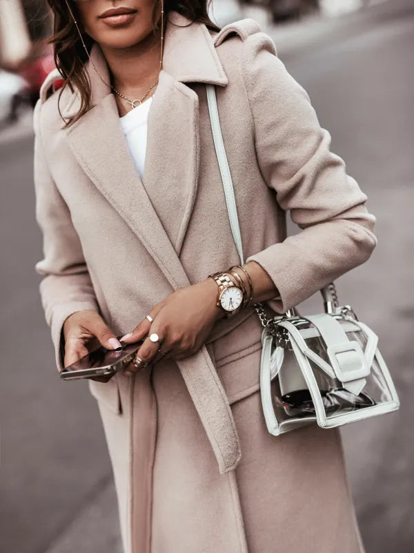 Elegant Belted Wool Coat for Women with Notch Lapel Long Sleeve Tie Waist Flowing Style
