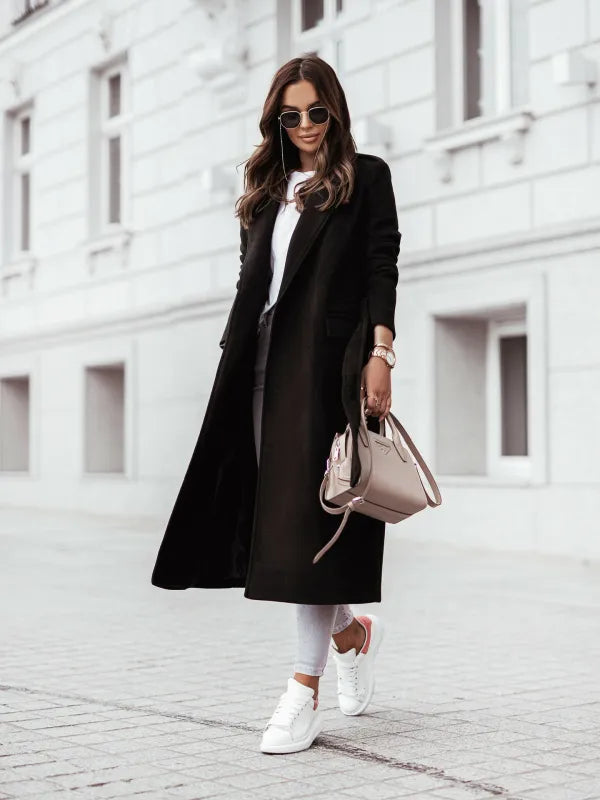 Elegant Belted Wool Coat for Women with Notch Lapel Long Sleeve Tie Waist Flowing Style