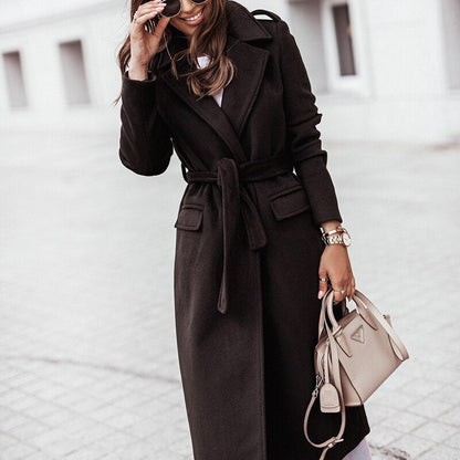 Elegant Belted Wool Coat for Women with Notch Lapel Long Sleeve Tie Waist Flowing Style