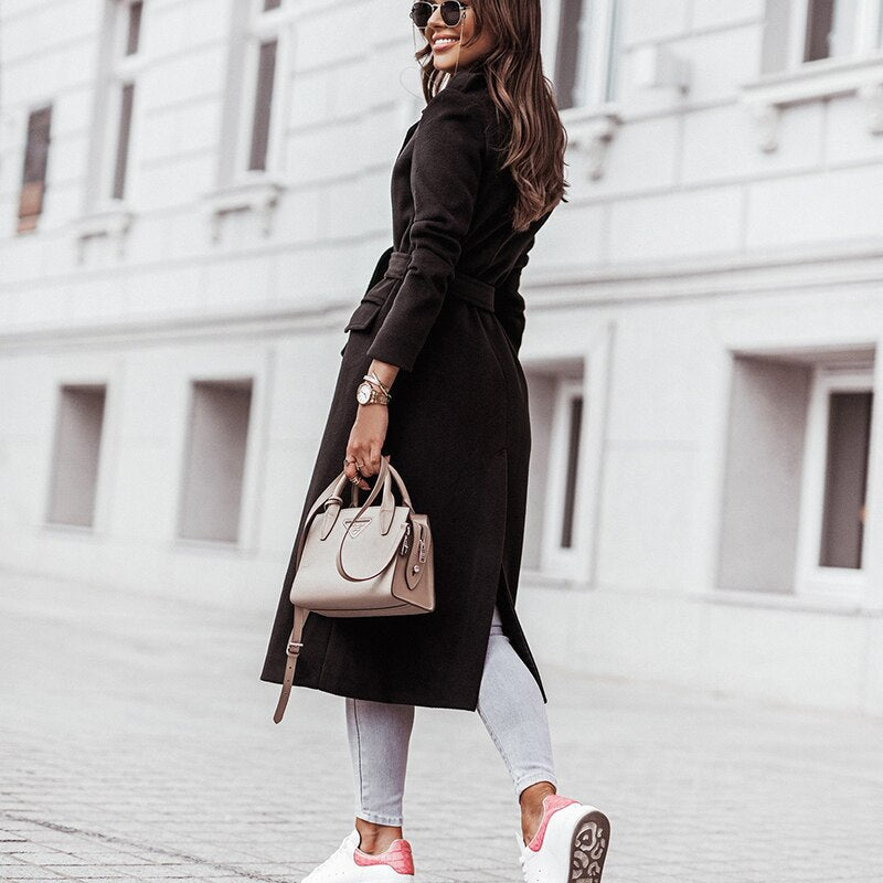 Elegant Belted Wool Coat for Women with Notch Lapel Long Sleeve Tie Waist Flowing Style