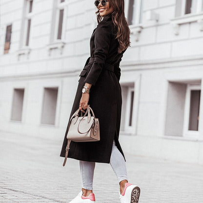 Elegant Belted Wool Coat for Women with Notch Lapel Long Sleeve Tie Waist Flowing Style