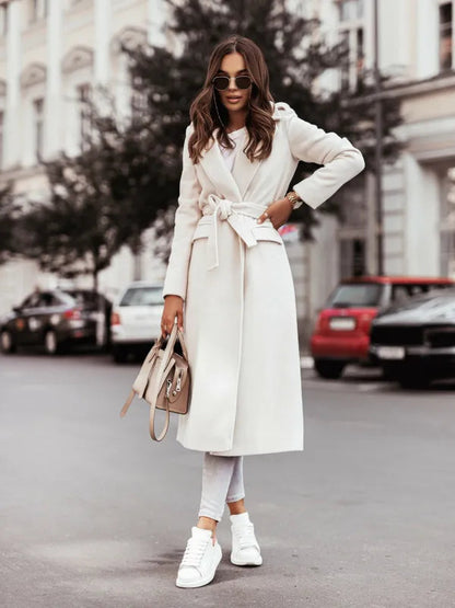 Elegant Belted Wool Coat for Women with Notch Lapel Long Sleeve Tie Waist Flowing Style