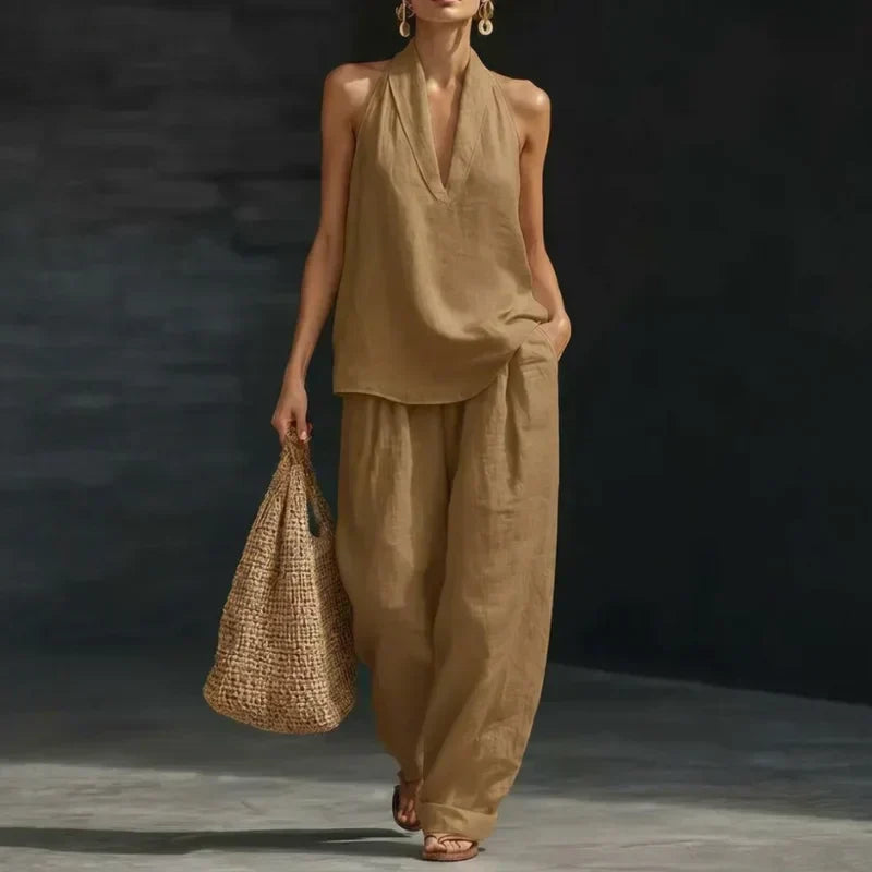 Effortless Linen Tank Top Wide Leg Pant Two Piece Set for Women with Halter Neck Relaxed Casual Style