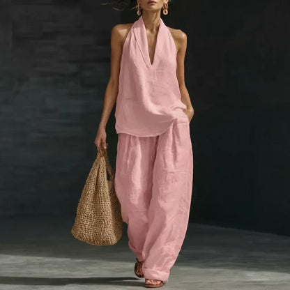 Effortless Linen Tank Top Wide Leg Pant Two Piece Set for Women with Halter Neck Relaxed Casual Style