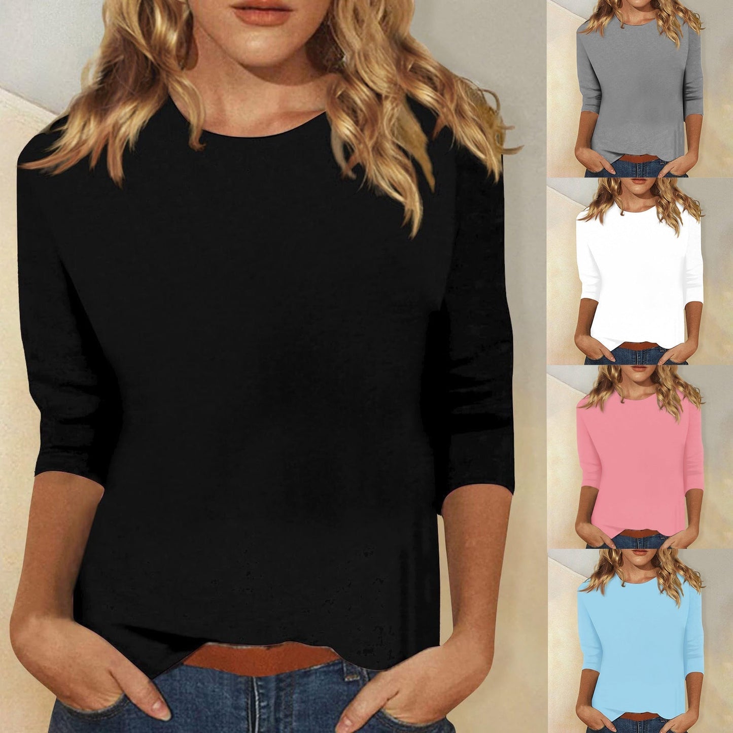Comfortable Round Neck Blouses for Women with Elbow Sleeve Relaxed Soft Knit Casual Style