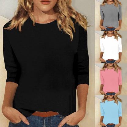 Comfortable Round Neck Blouses for Women with Elbow Sleeve Relaxed Soft Knit Casual Style
