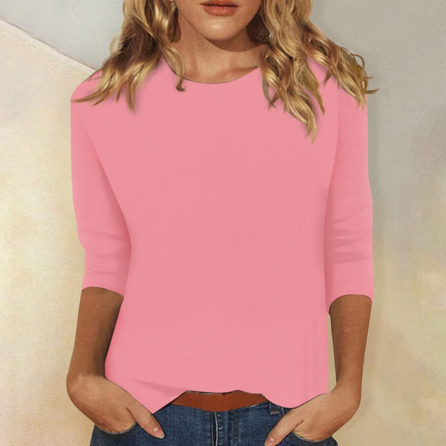 Comfortable Round Neck Blouses for Women with Elbow Sleeve Relaxed Soft Knit Casual Style