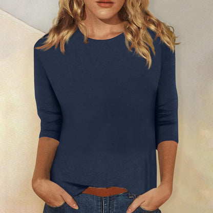 Comfortable Round Neck Blouses for Women with Elbow Sleeve Relaxed Soft Knit Casual Style