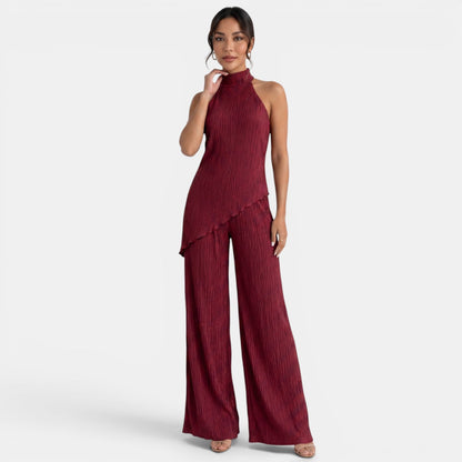 Elegant Textured Halter Top Wide Leg Pant Two Piece Set for Women with Mock Neck Backless Asymmetrical Hem Flowing Style