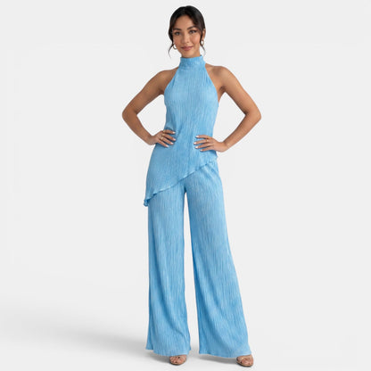 Elegant Textured Halter Top Wide Leg Pant Two Piece Set for Women with Mock Neck Backless Asymmetrical Hem Flowing Style