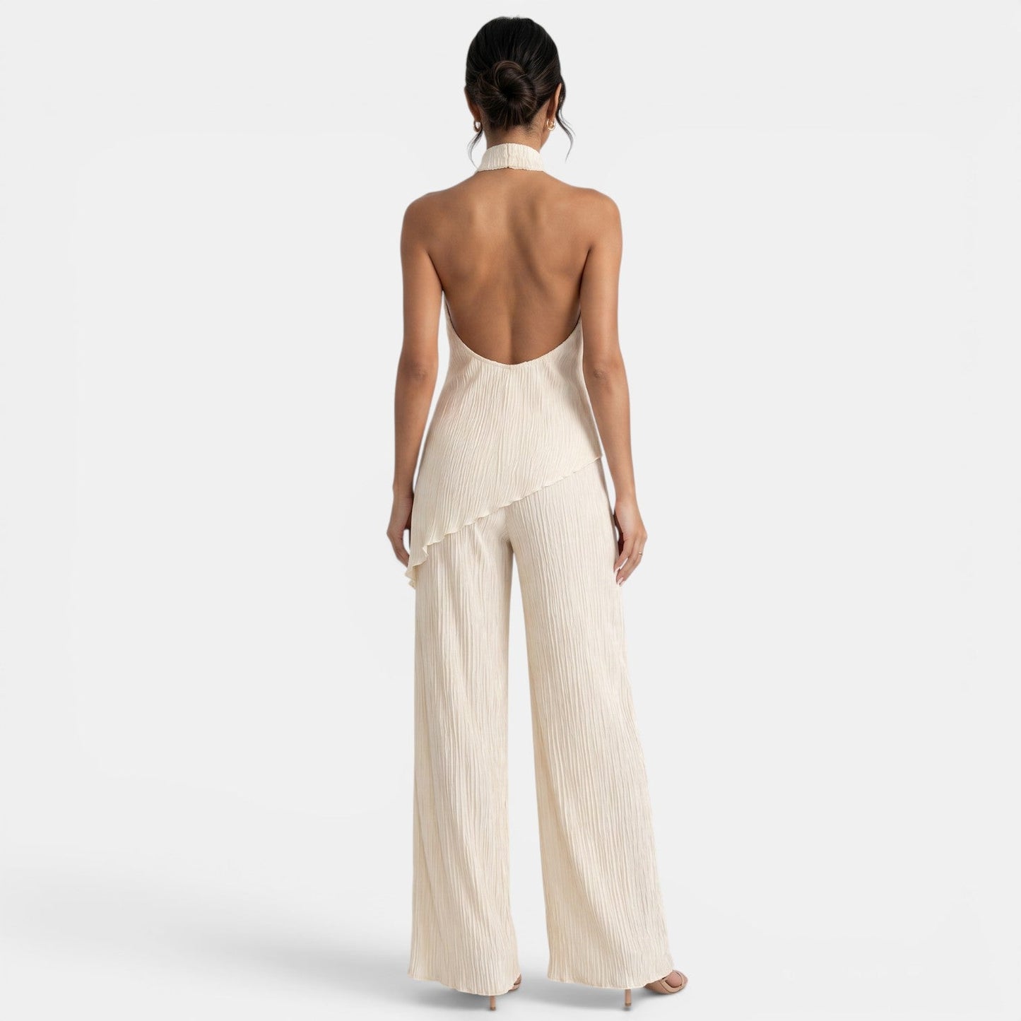 Elegant Textured Halter Top Wide Leg Pant Two Piece Set for Women with Mock Neck Backless Asymmetrical Hem Flowing Style
