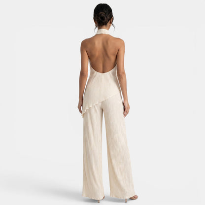 Elegant Textured Halter Top Wide Leg Pant Two Piece Set for Women with Mock Neck Backless Asymmetrical Hem Flowing Style