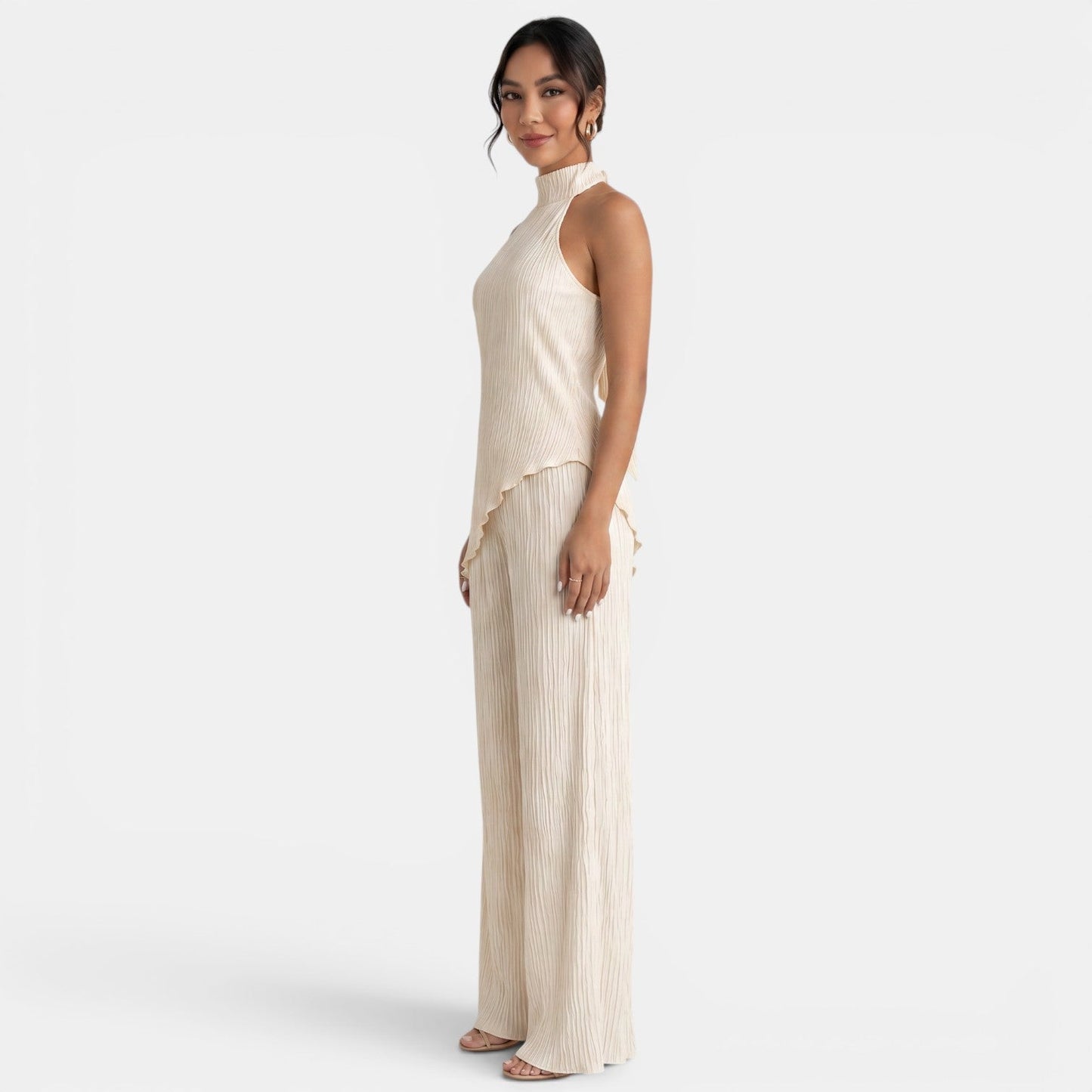 Elegant Textured Halter Top Wide Leg Pant Two Piece Set for Women with Mock Neck Backless Asymmetrical Hem Flowing Style
