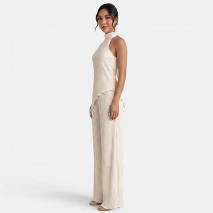 Elegant Textured Halter Top Wide Leg Pant Two Piece Set for Women with Mock Neck Backless Asymmetrical Hem Flowing Style