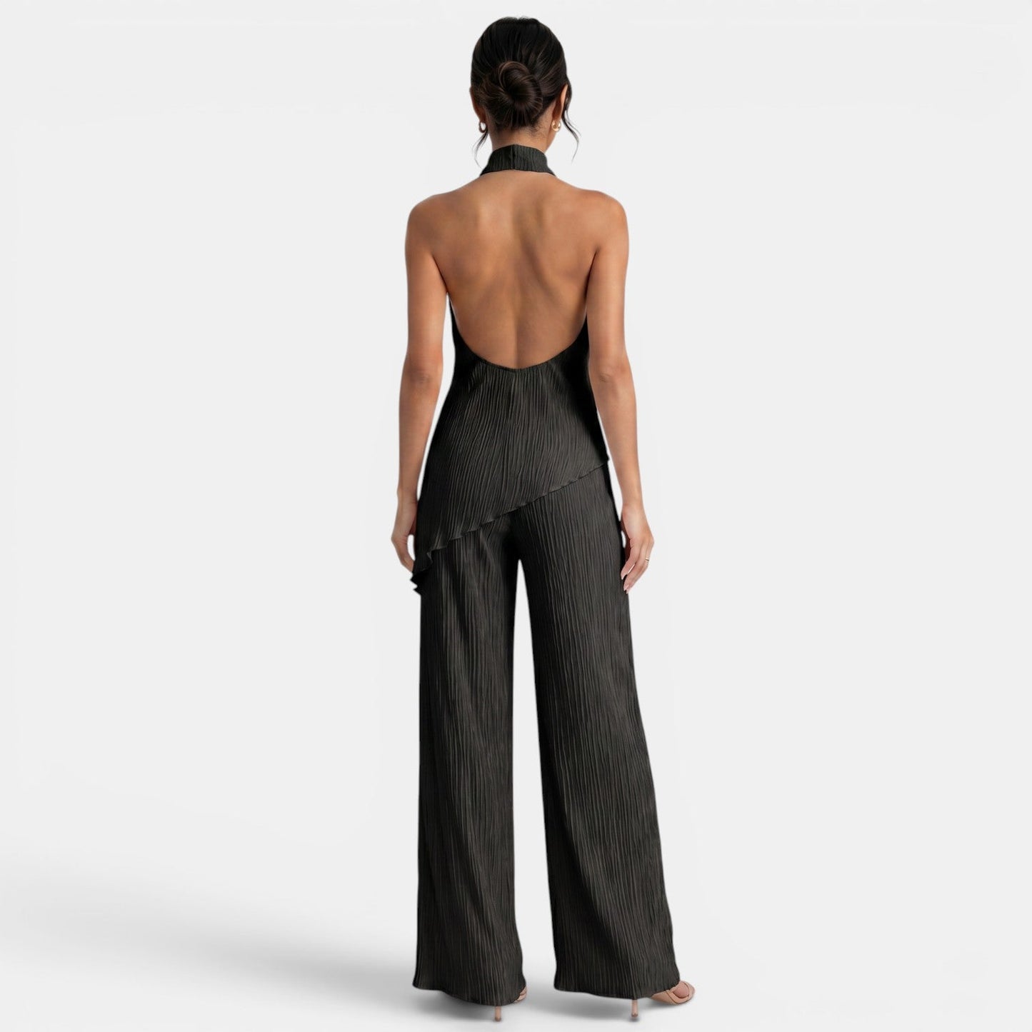 Elegant Textured Halter Top Wide Leg Pant Two Piece Set for Women with Mock Neck Backless Asymmetrical Hem Flowing Style