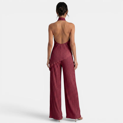 Elegant Textured Halter Top Wide Leg Pant Two Piece Set for Women with Mock Neck Backless Asymmetrical Hem Flowing Style
