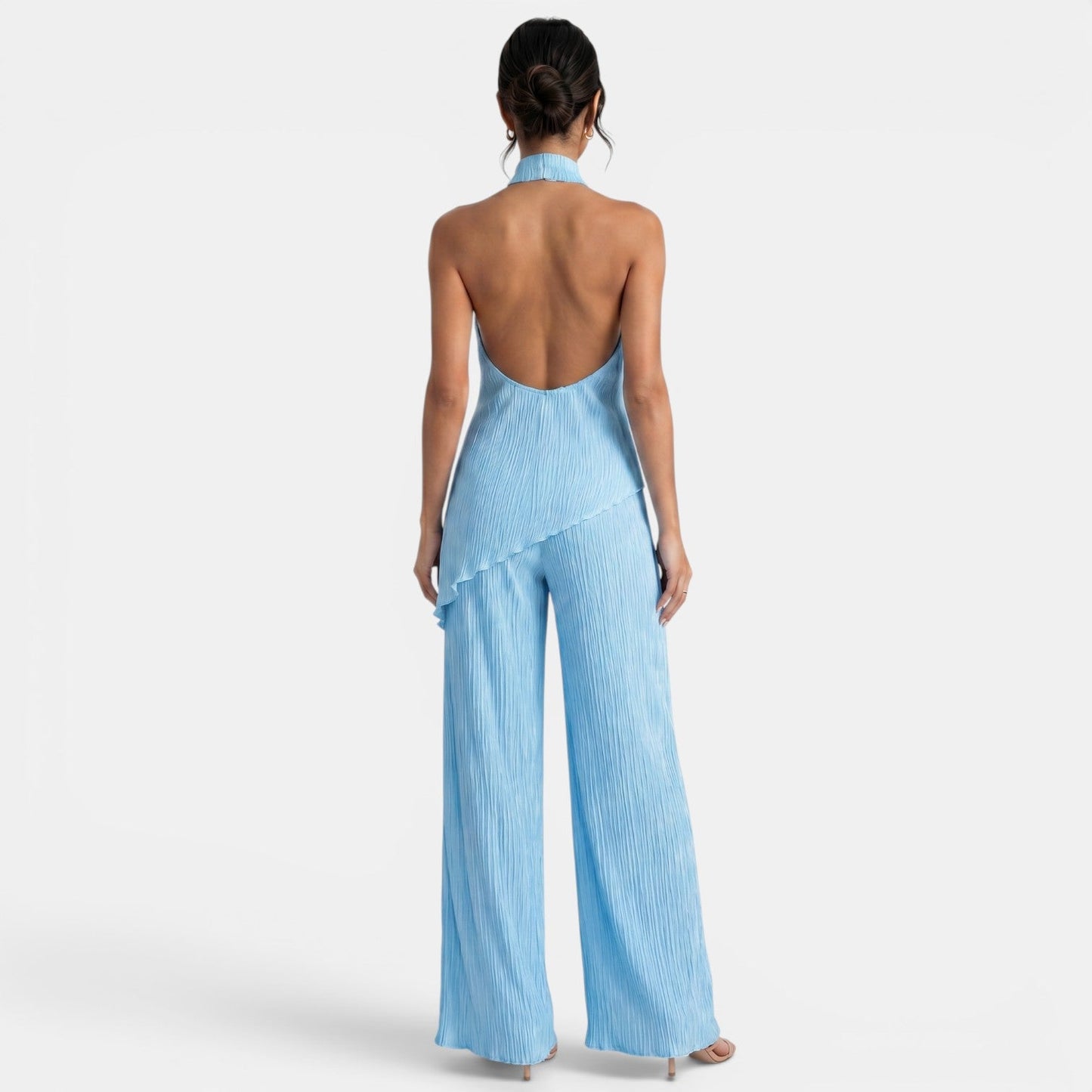 Elegant Textured Halter Top Wide Leg Pant Two Piece Set for Women with Mock Neck Backless Asymmetrical Hem Flowing Style
